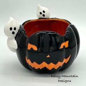 Toil & Trouble Black Jack O Lantern Pumpkin w/ 3D Ghosts Halloween Candy Bowl